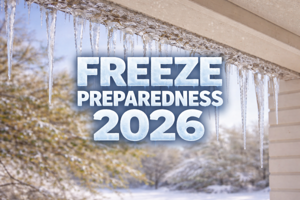 text that reads Freeze preparedness 2026 with Icicles hanging from the roof of a house and trees in the background